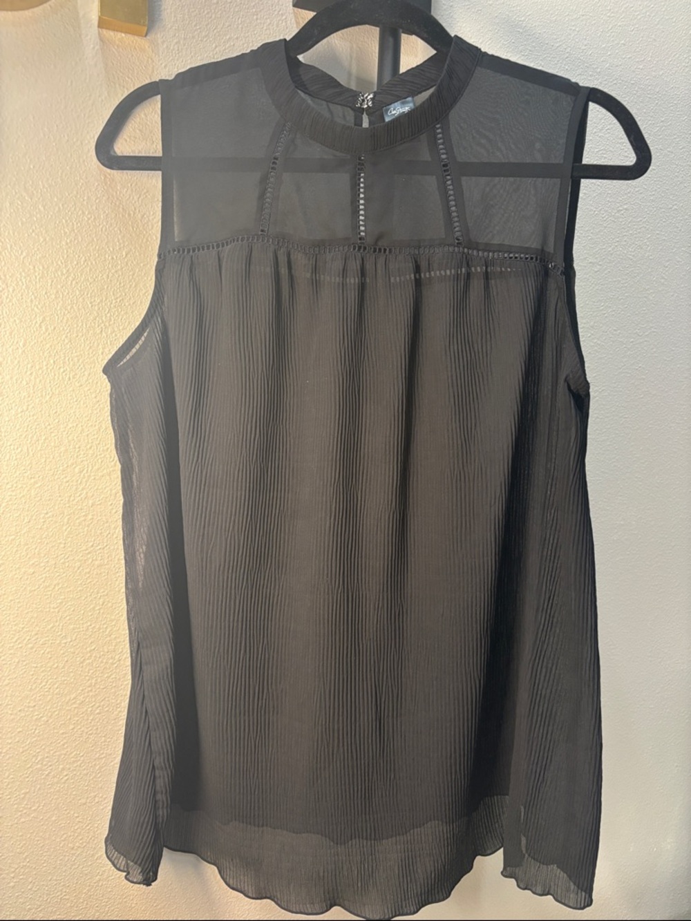 City Streets Black Sleeveless Sheer Yoke Pleated Top